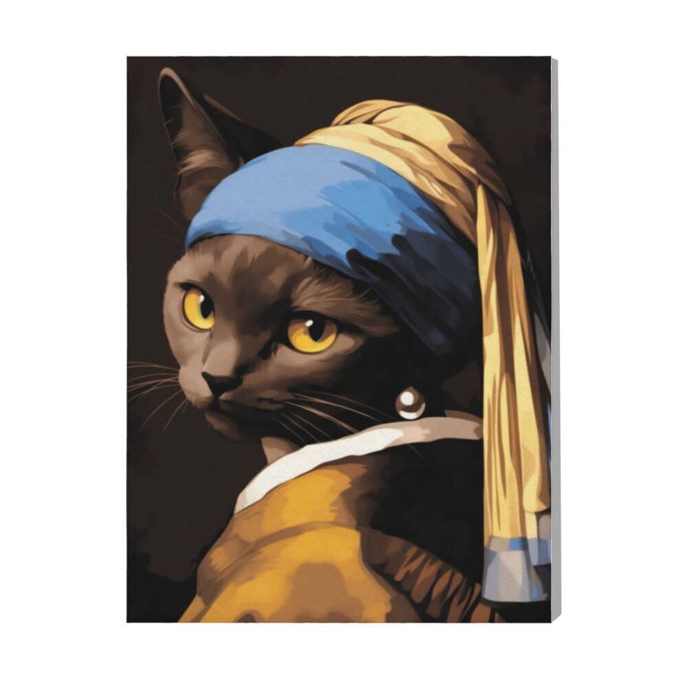 (Black Cat with a Pearl=5499) Canvas Print Pop Art Framed DIY Install Kit- 16x20