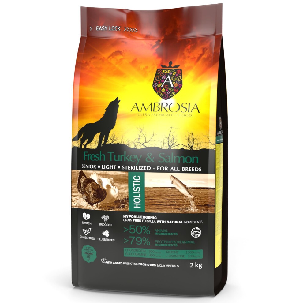 Complete Senior Grain Free Dry Dog Food 2kg - Hypoallergenic, High Protein Dog Food, Fresh Turkey & Salmon Flavour by Ambrosia Ultra Premium Pet