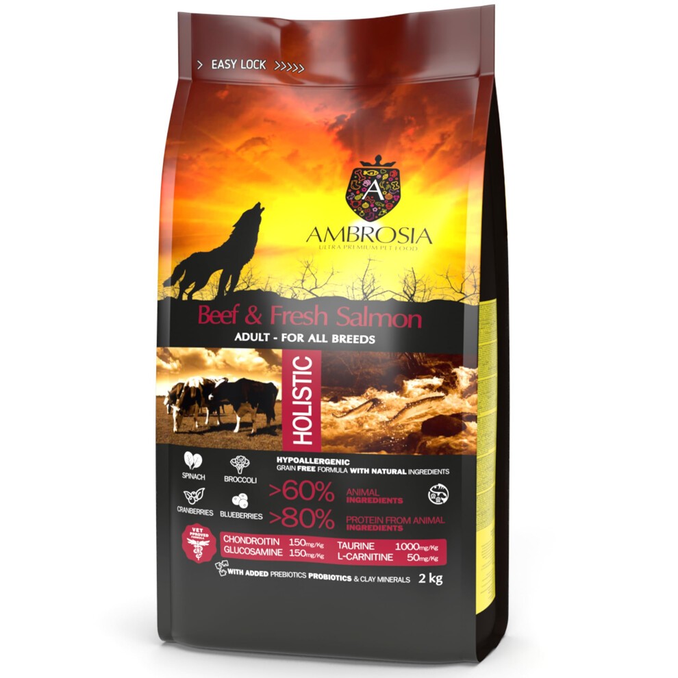 Complete Grain Free Dry Dog Food 2kg (Adults All Breed) - Hypoallergenic, High Protein Dog Food, Beef & Salmon Flavour by Ambrosia Ultra Premium Pet