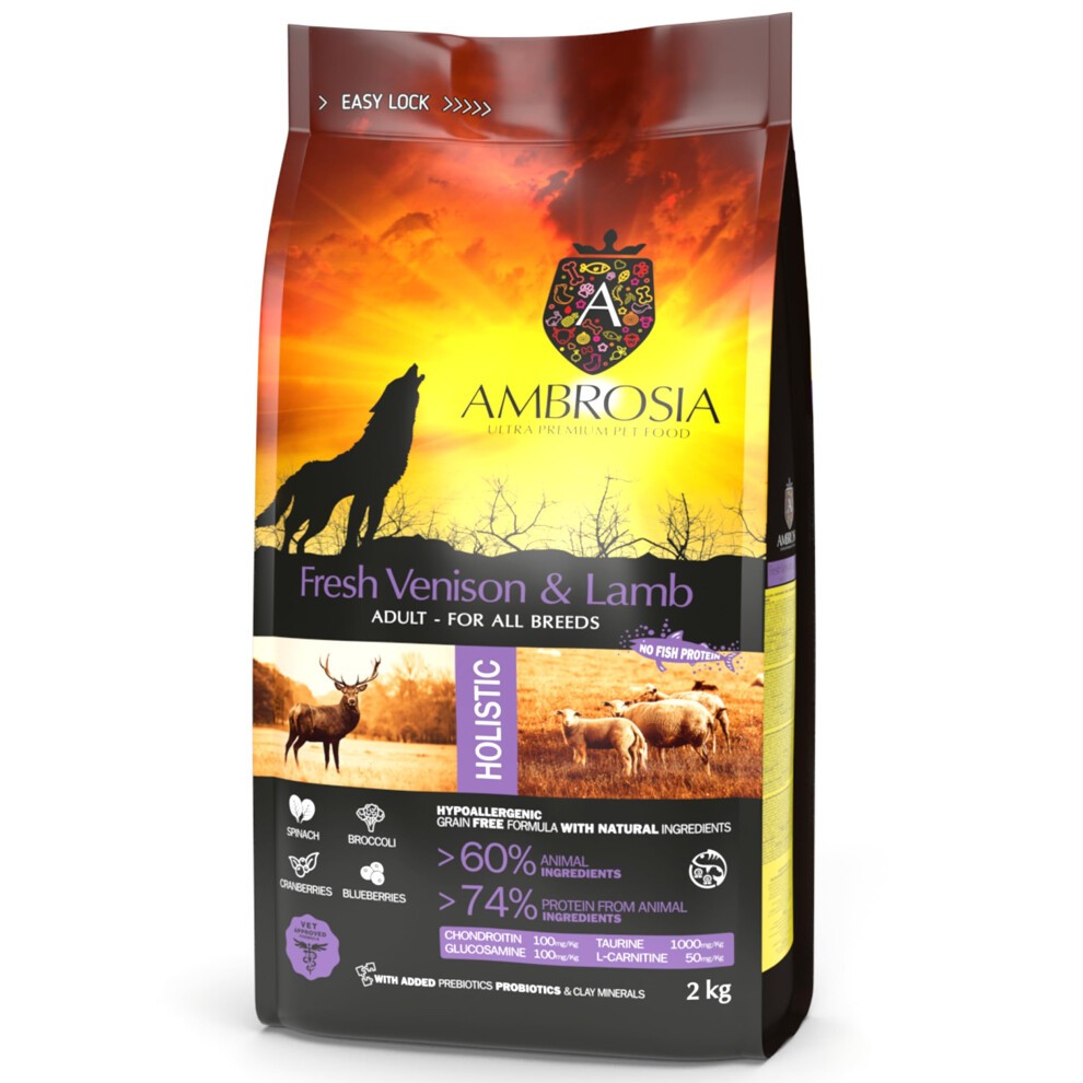 Complete Grain Free Dry Dog Food 2kg (Adults - All Breed) - Hypoallergenic, High Protein Dog Food, Venison & Lamb Flavour by Ambrosia Ultra Premium