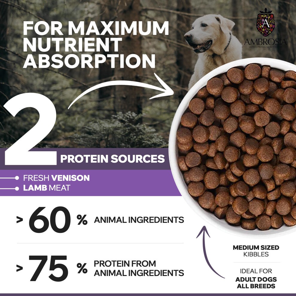 Complete Grain Free Dry Dog Food 2kg (Adults - All Breed) - Hypoallergenic, High Protein Dog Food, Venison & Lamb Flavour by Ambrosia Ultra Premium thumbnail