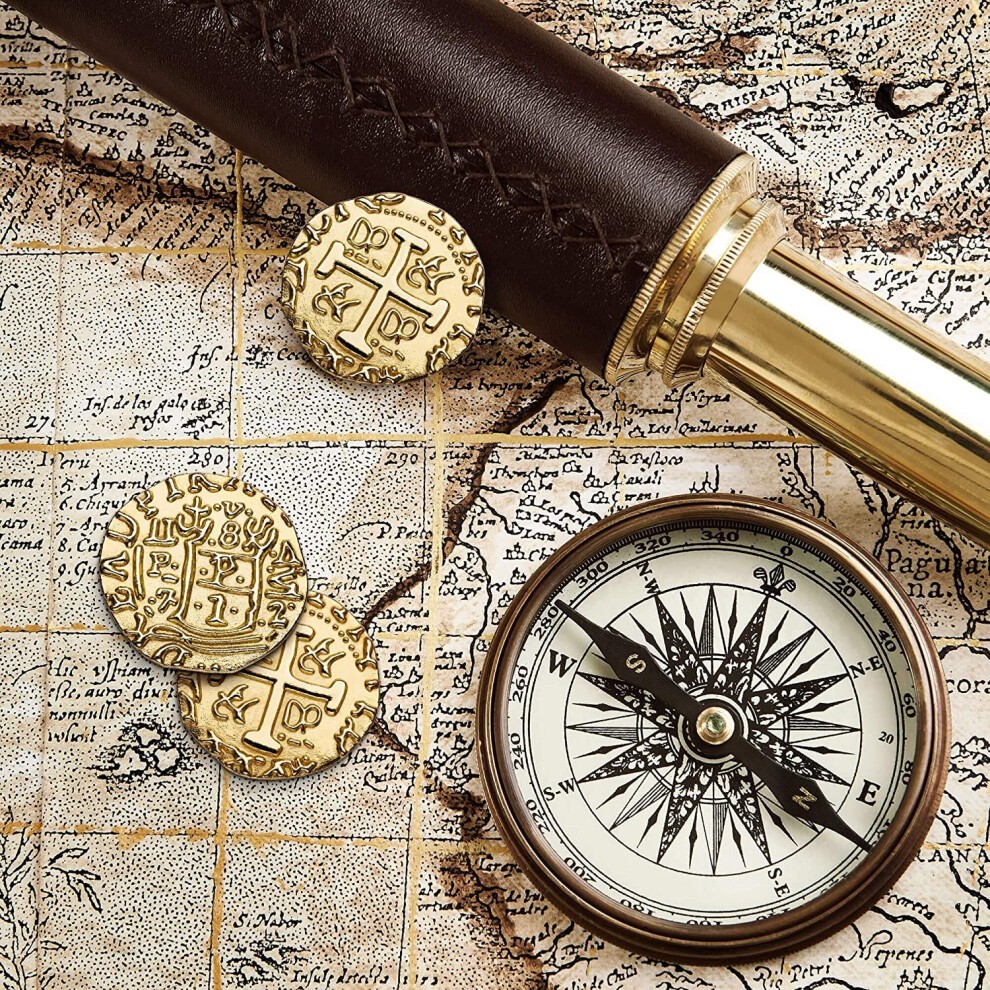 Pirate Coins - 36 Bronze  Silver  Gold & Rose Gold Treasure Coin Set  Metal Replica Spanish Doubloons for Board Games  Tokens  Cosplay - Tre thumbnail