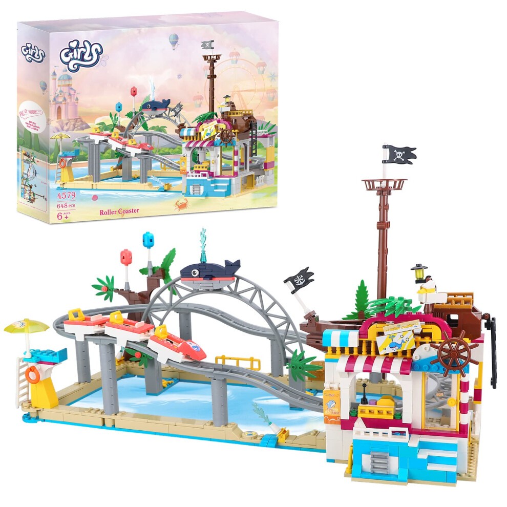 Finebely Friends Roller Coaster Amusement Park Building Set  Fairground Theme Park Building Kit with Rollercoaster & Pirate Ship  Water Park Carnival
