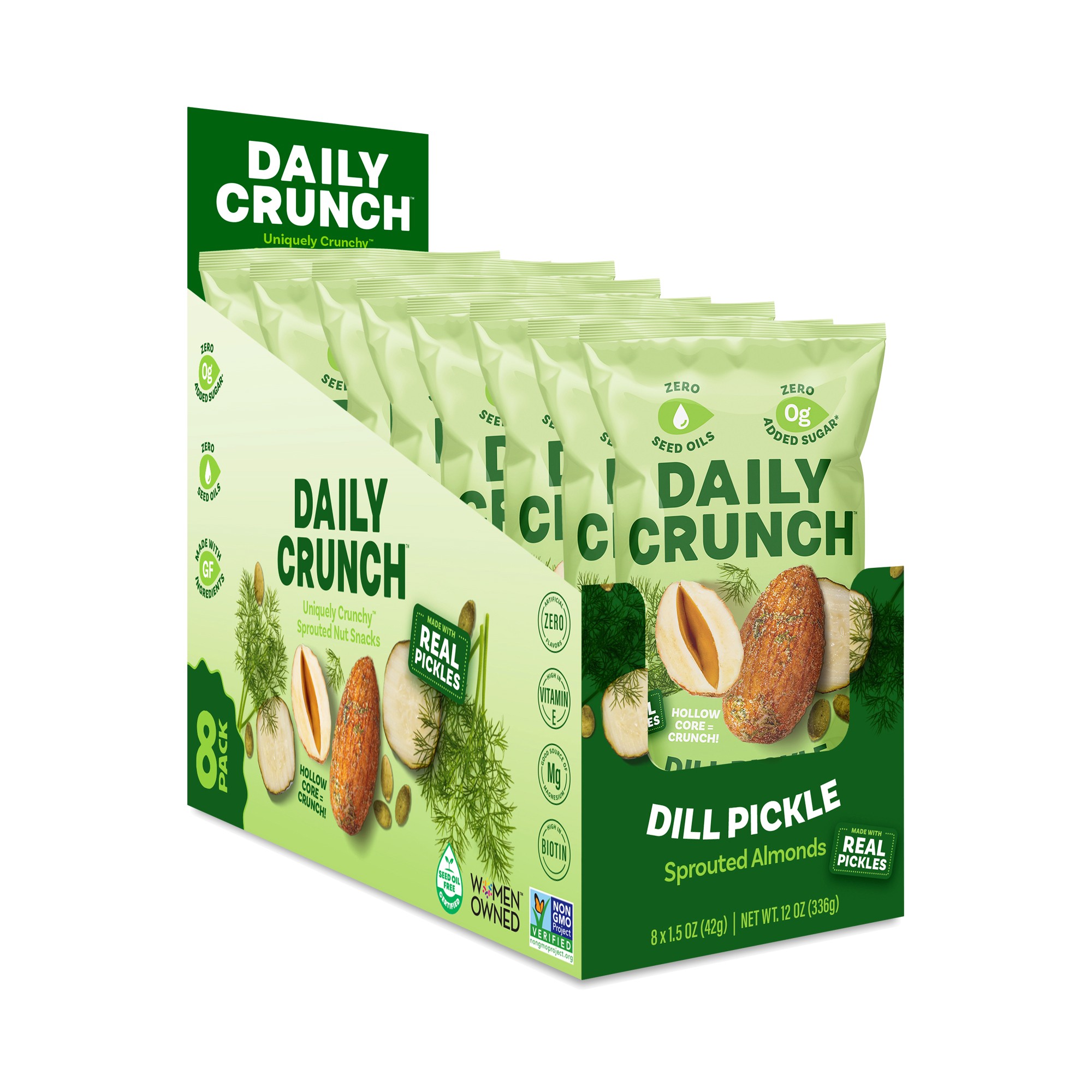 Daily Crunch Snacks Sprouted Almonds & Pepitas, Dill Pickle Snack Packs 8 Pouches (1.5 Oz Each)