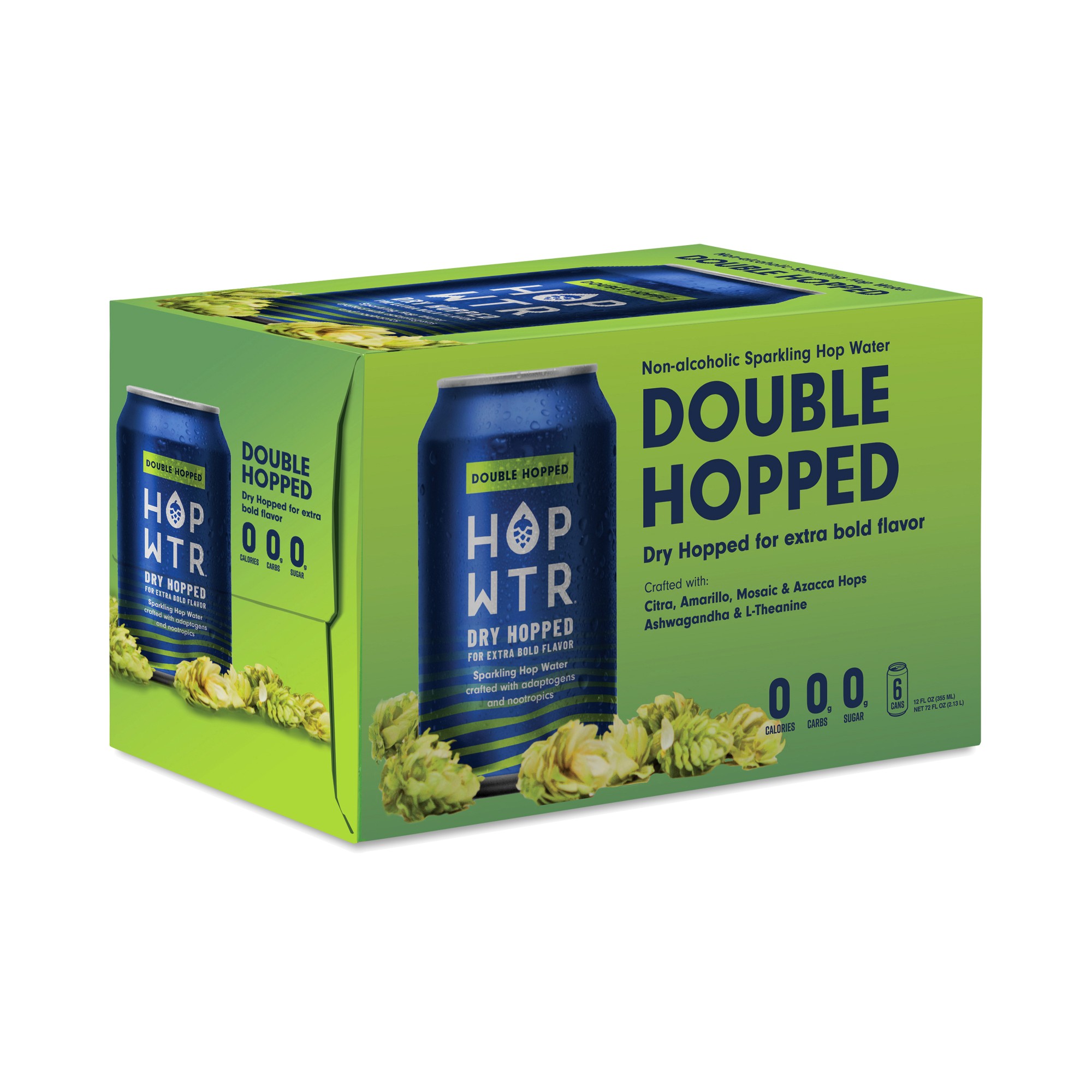 HOP WTR Non-Alcoholic Sparkling Hop Water, Double Hopped 6 Cans (12 Fl Oz Each)