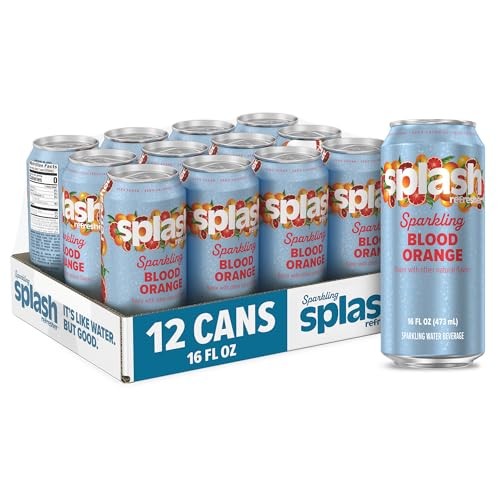 Splash Refresher Sparkling Water, Blood Orange - 12-Pack, 16 Fl Oz Cans - Flavored Carbonated Seltzer Water with Electrolytes, Zero Sugar & Zero Calor