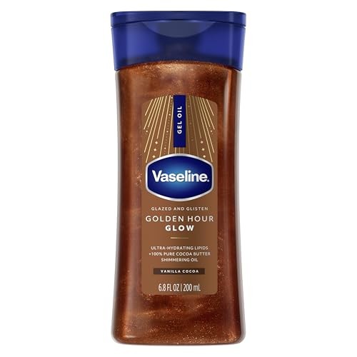 Vaseline Glazed and Glisten Golden Hour Glow Vanilla Cocoa Shimmering Body Gel Oil with Ultra-Hydrating Lipids and 100% Pure Cocoa Butter  6.8 Fl Oz