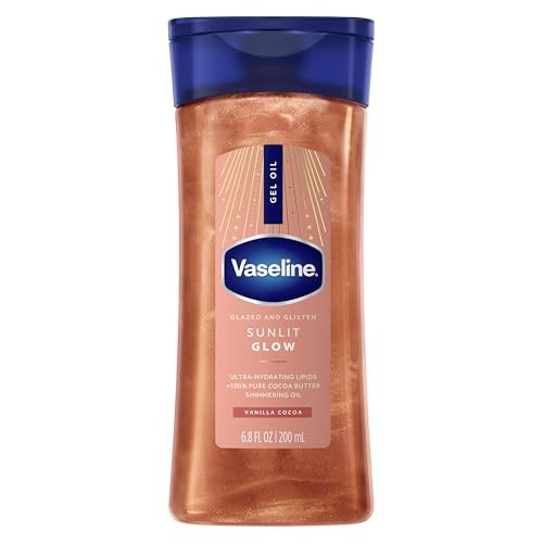 Vaseline Glazed & Glisten Sunlit Glow Vanilla Cocoa Shimmering Body Gel Oil with Ultra-Hydrating Lipids and 100% Pure Cocoa Butter  6.8 Fl Oz