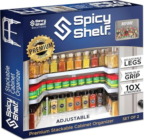 Spicy Shelf Premium – Expandable 2-Tier Spice Rack Organizer for Cabinets & Pantry – Adjustable Stackable Kitchen Seasoning Organizer – Strong N