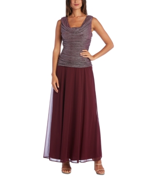 R & M Richards Draped & Ruched Shimmer Gown - Wine Red