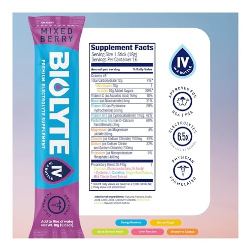BIOLYTE IV Electrolyte Powder Packets, IV Liquid Drink Mix for Water, Doctor-Developed Hydration, HSA Approved Dehydration Relief, Chemotherapy Must H thumbnail