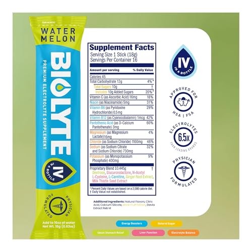 BIOLYTE IV Electrolyte Powder Packets, IV Liquid Drink Mix for Water, Doctor-Developed Hydration, Approved Dehydration Relief, Chemotherapy Must Haves thumbnail