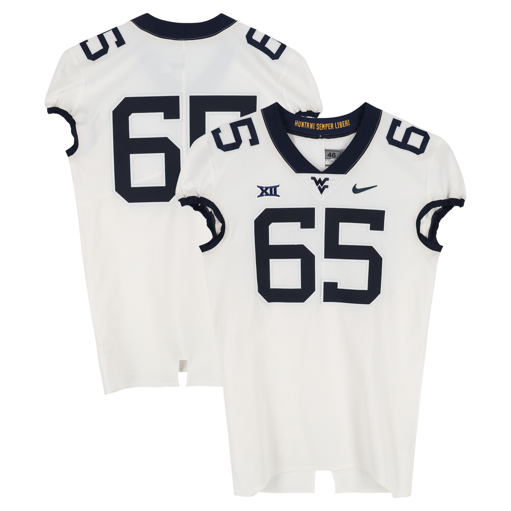 West Virginia Mountaineers Team-Issued #65 White Nike Jersey from the Football Program - Size 46+4