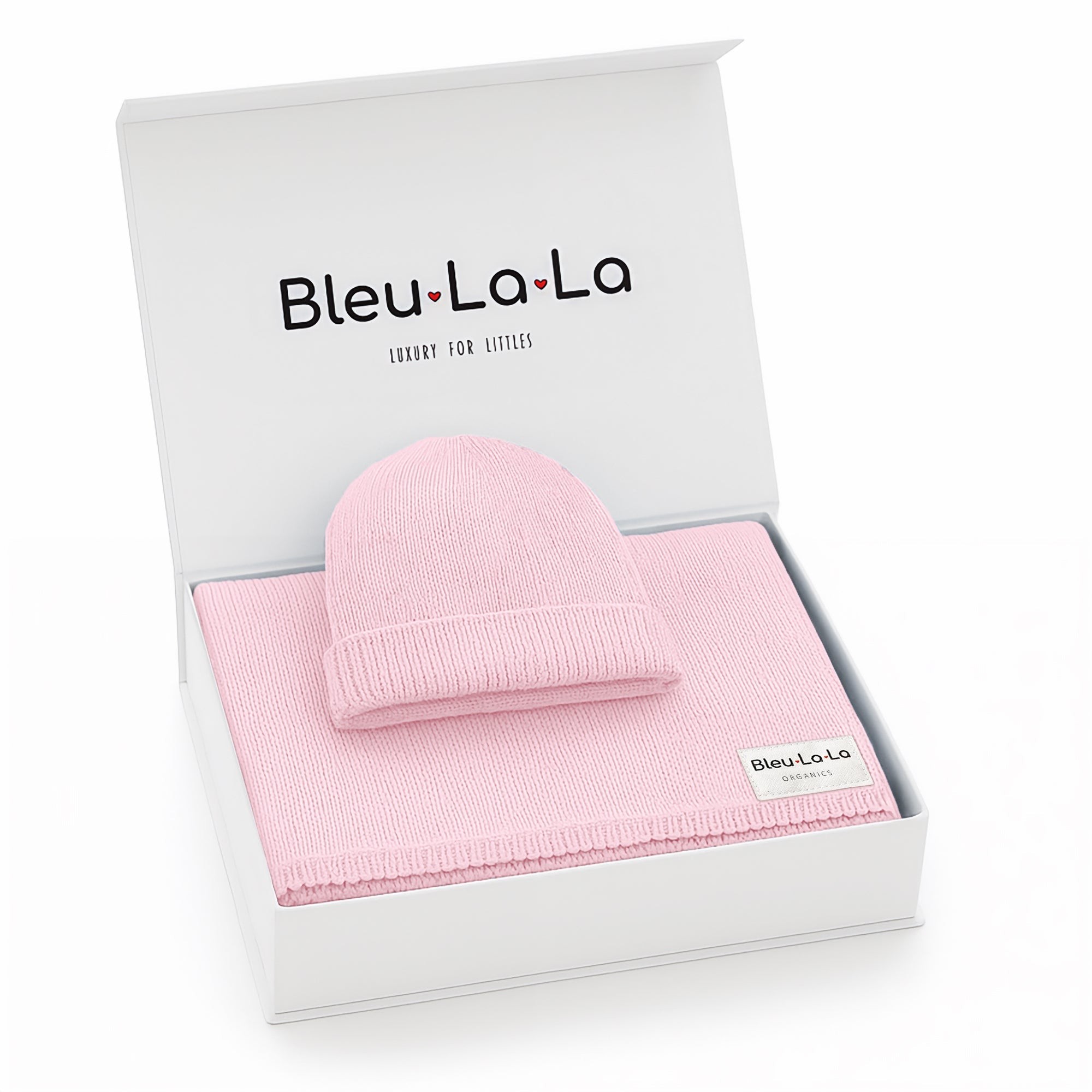 Luxe Collection 100% Organic Cotton Luxury Knit Baby Blanket + Hat Set with Gift Box - Blush Pink