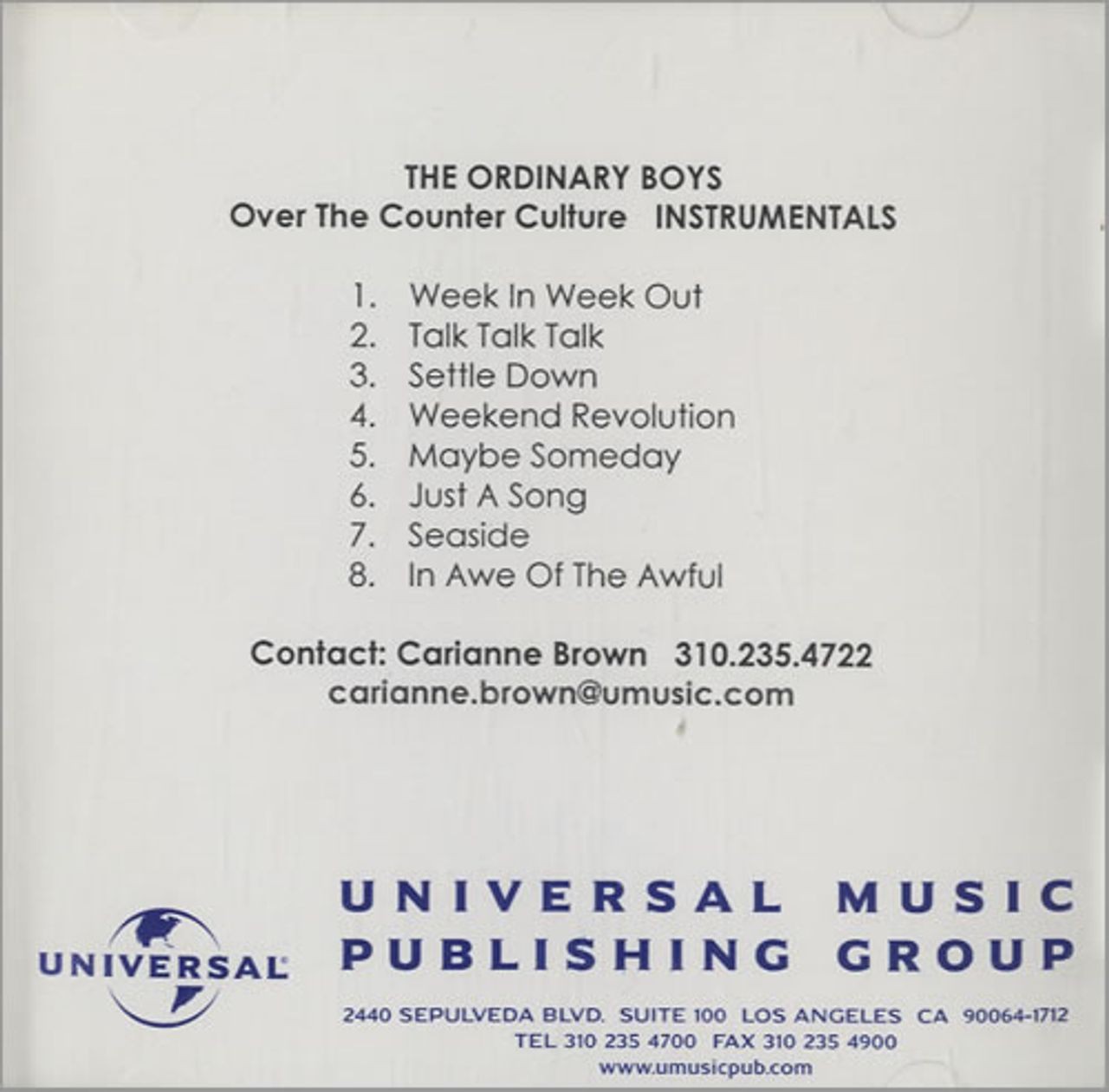 The Ordinary Boys Over the Counter Culture - Instrumentals US Promo CD-R Acetate CDR-ACETATE Universal 2004