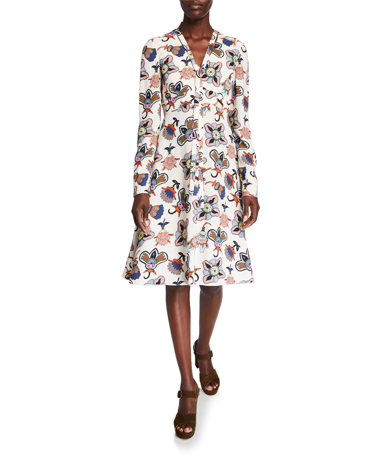 Pop-Flower Tie-Neck Long-Sleeve Dress