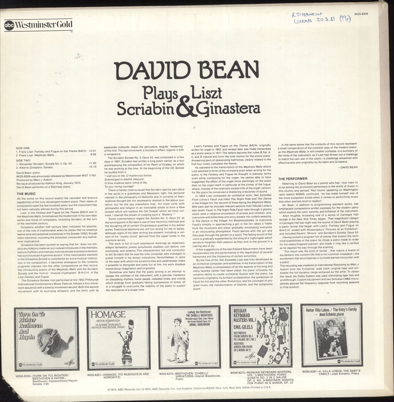 David Bean Plays Liszt - Scriabin - Ginastera US Vinyl LP Album Record WGS-8306 ABC Westminster Gold 1975 thumbnail