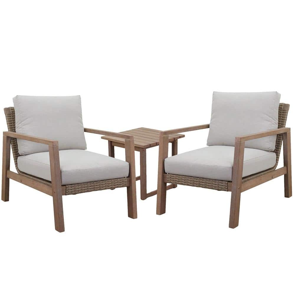 Ocean Pointe Brown 3-Piece Wood Patio Conversation Set with Cream Cushions