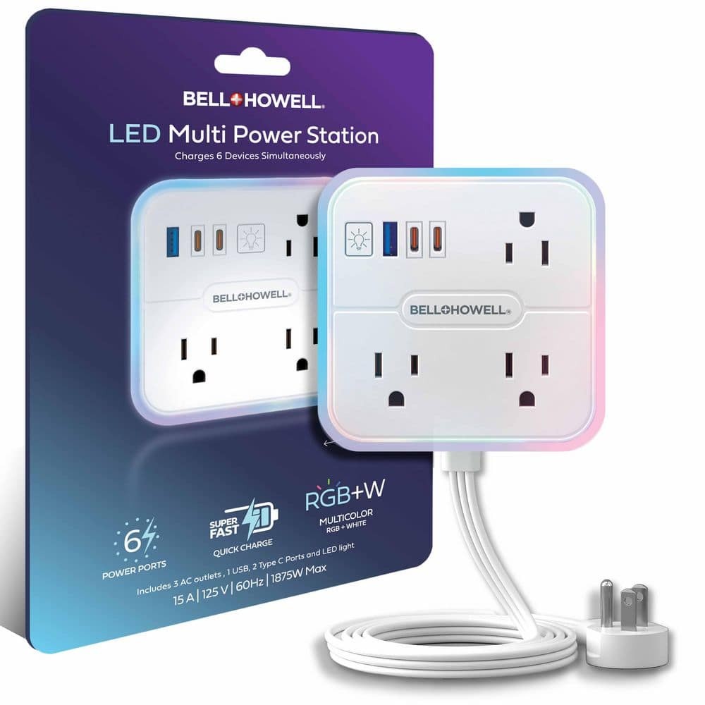 LED Multi Power Station 3 AC Outlets,1 USB-a and 2 USB-C Ports Charging Extension W/ RGB Night Light and Surge Protector