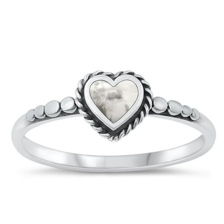 CHOOSE YOUR COLOR White Buffalo Simulated Turquoise Heart Ring .925 Sterling Silver Band Blue CZ Female Size 9