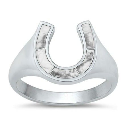CHOOSE YOUR COLOR White Buffalo Simulated Turquoise Horseshoe Ring .925 Sterling Silver Band Blue CZ Female Size 9