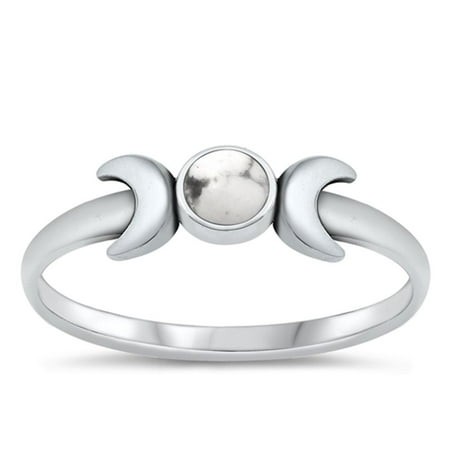 CHOOSE YOUR COLOR White Buffalo Simulated Turquoise Moon Ring .925 Sterling Silver Band Blue CZ Female Size 9
