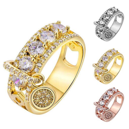 Creative Metal Disc Charm Hollow Band Cubic Zircon Rhinestone Ring Women Jewelry