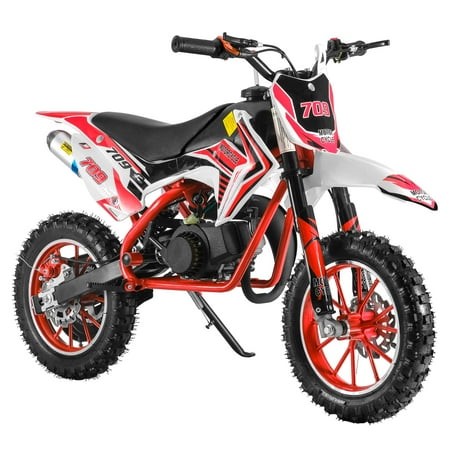Aqzb Kids Dirt Bike  49cc 2-Cycle Mini Motor Bike  Gas Dirt Bike up to 30 Km/h  Kids Motorcycle with Front Rear Disc Brakes for Children Over Age 12+