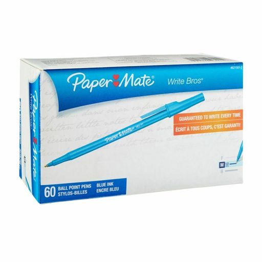 Paper Mate Write Bros. Ballpoint Stick Pen, 1.0 Mm, Blue Barrel, Blue Ink, 60-Pk