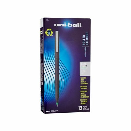 Uni-ball Rollerball Pens, Micro Point, 0.5 Mm, 80% Recycled, Black Barrel, Gre
