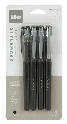 FORAY Porous Point Pens, Fine Point, 0.5 Mm, Silver Barrel, Black Ink, Pack of 4