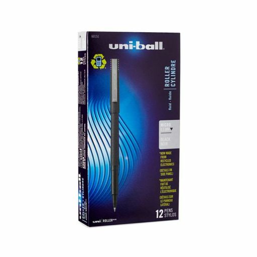 Uni-ball Rollerball Pens, Micro Point, 0.5 Mm, 80% Recycled, Black Barrel, Bla