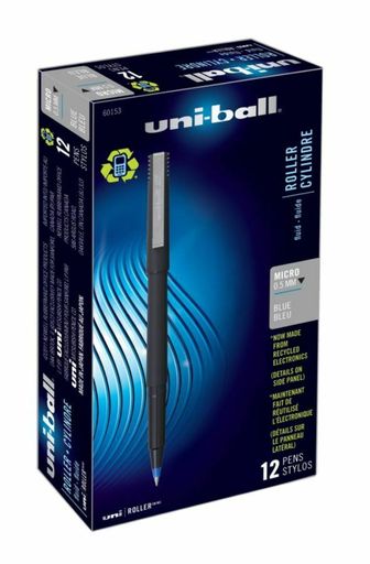Uni-ball Rollerball Pens, Micro Point, 0.5 Mm, 80% Recycled, Black Barrel, Blu