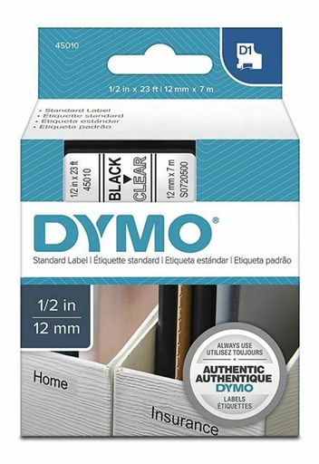 DYMO D1 Standard Labels Tape, Black on Clear, 0.5