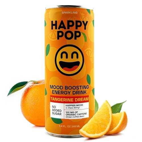 HAPPY POP! Mood Boosting Energy Drink, 8.4 Fl Oz, Sugar Free Energy Drinks, Healthy Energy Drinks, 100mg Organic Caffeine (12 Pack) – Tangerine Drea