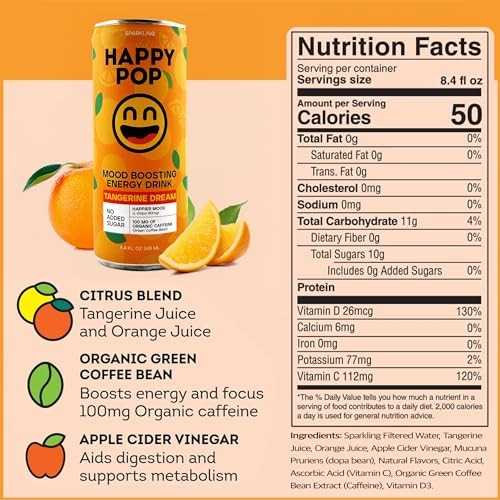HAPPY POP! Mood Boosting Energy Drink, 8.4 Fl Oz, Sugar Free Energy Drinks, Healthy Energy Drinks, 100mg Organic Caffeine (12 Pack) – Tangerine Drea thumbnail