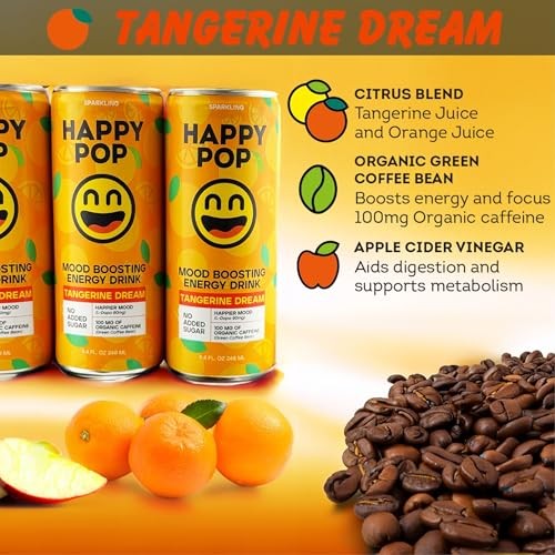 HAPPY POP! Mood Boosting Energy Drink, 8.4 Fl Oz, Sugar Free Energy Drinks, Healthy Energy Drinks, 100mg Organic Caffeine (12 Pack) – Tangerine Drea thumbnail