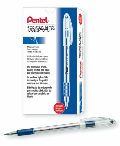 Pentel R.S.V.P. Ballpoint Pens, Medium Point, 1.0 Mm, Clear Barrel, Blue Ink,