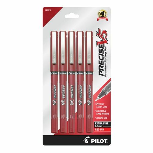Pilot Precise V5 Liquid Rollerball Pens, 0.5 Mm, Red Barrel/Ink, 5-Pack
