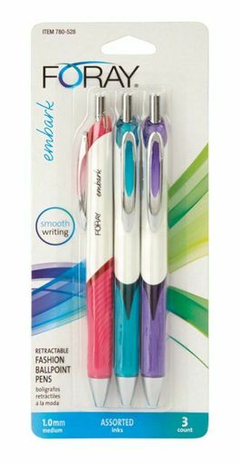 FORAY Embark Retractable Ballpoint Pens, 1.0 Mm, Assorted Ink Colors, 3-Pk