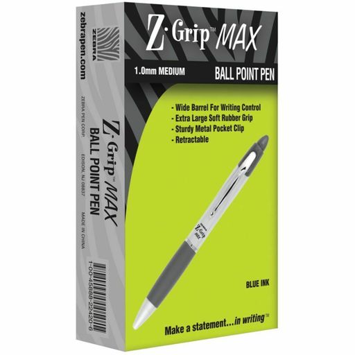 Zebra Z-Grip Max Retractable Ballpoint Pen, 1.0 Mm, Sil Barrel/Blue Ink, 12-Pk