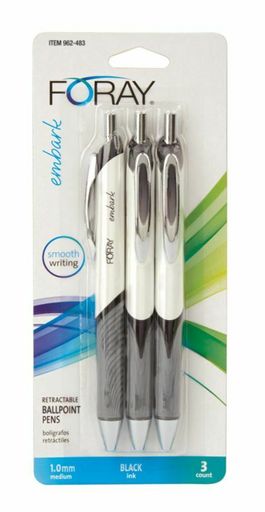 FORAY Embark Retractable Ballpoint Pens, 1.0 Mm, Gray/White Barrel/Black Ink 3Pk