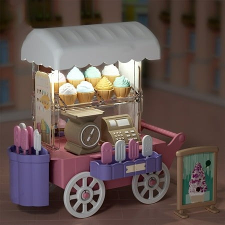 Ice Cream Truck Toy Set | Light-up Bread and Ice Cream Cart | Pretend Play Food Van | 13x13x6.5cm | Interactive Props | Storage | ABS Plastic | Peach/