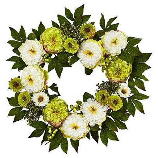 Nearly Natural Yellow Plastic 24-inch Peony and Mum Wreath