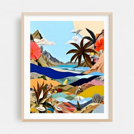 The Beach Bound Surrealist - India Digital Art Surrealism Tropical Palm Tree Coastal Fantasy Ocean Oak Framed Wall Art Print 18 X 24 Inches