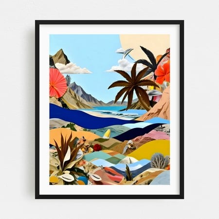 The Beach Bound Surrealist - India Digital Art Surrealism Tropical Palm Tree Coastal Fantasy Ocean Black Framed Wall Art Print 18 X 24 Inches