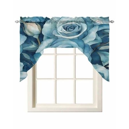 Blue Rose Flower Kitchen Swag Valances for Windows  Vintage Modern Abstract Painting Art Swag Valances Curtains for Living Room  Rod Pocket Window Tre