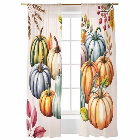 Fall Sheer Curtains 108 Inches Long  Thanksgiving Watercolor Orange Pumpkin Jam Light Filtering Sheer Window Curtains Rod Pocket Voile Drapes for Bedr