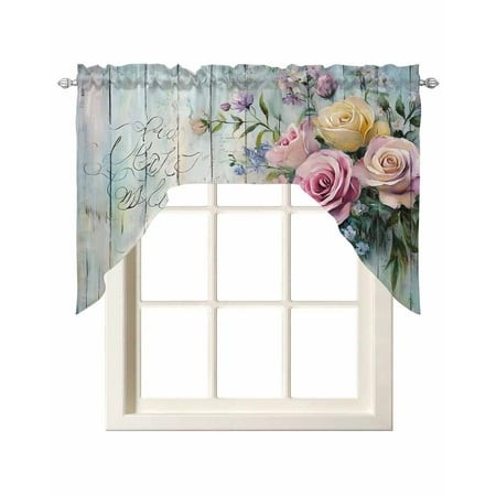 Spring Rose Kitchen Swag Valances for Windows  Floral Leaves Botanical Rustic Wood Board Swag Valances Curtains for Living Room  Rod Pocket Window Tre