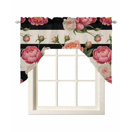 Flower Stripes Kitchen Swag Valances for Windows  Black White Geometric Pink Rose Floral Swag Valances Curtains for Living Room  Rod Pocket Window Tre